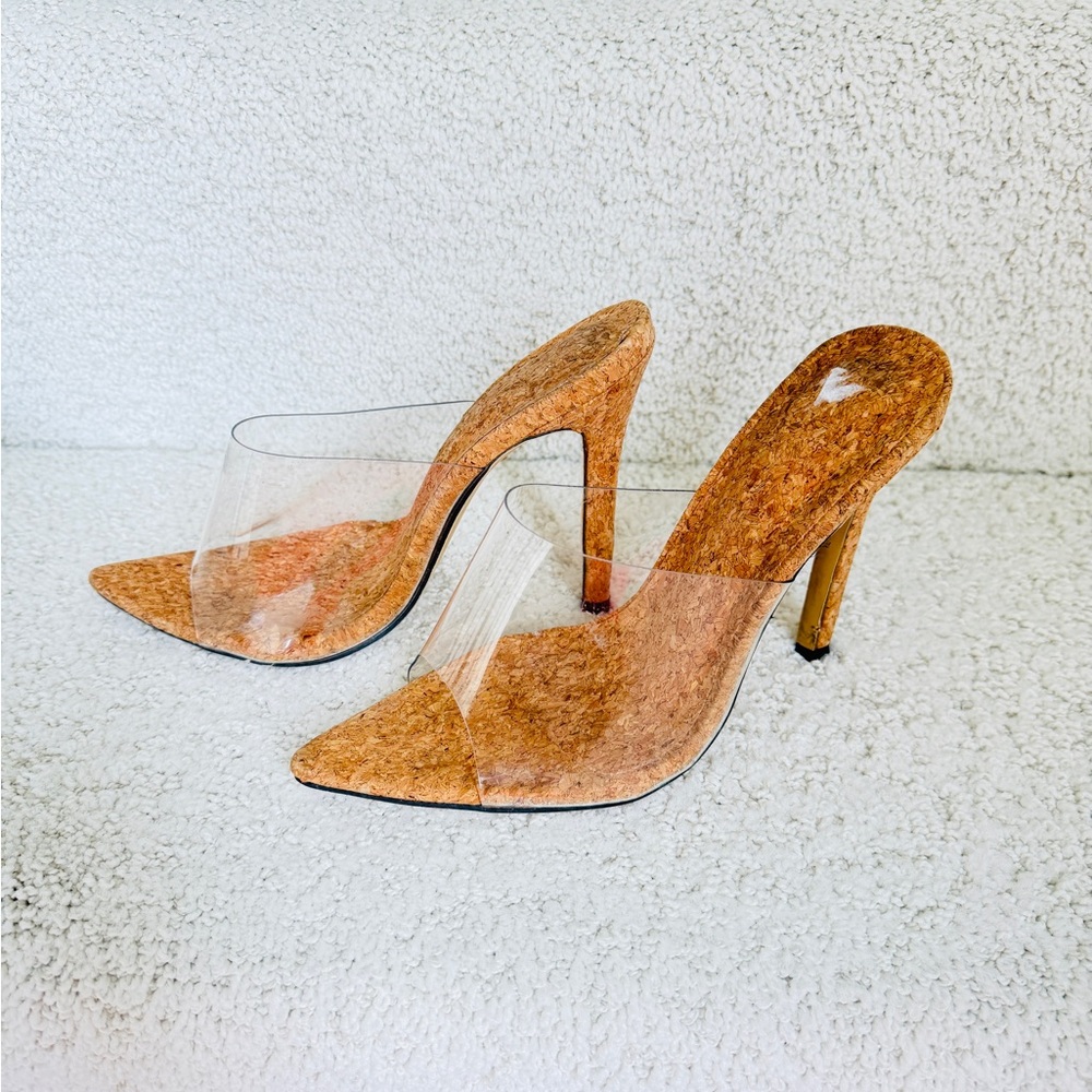 Elegant Cork and Clear High Heel Mules - Picture 2 of 9